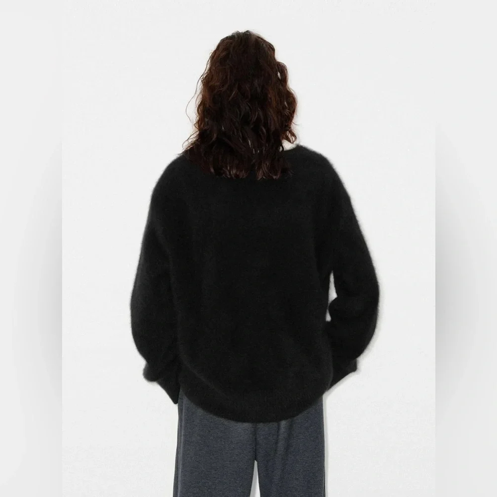 MO&Co. Wool Deep V-Neck Loose Sweater Black Minimalist Size M